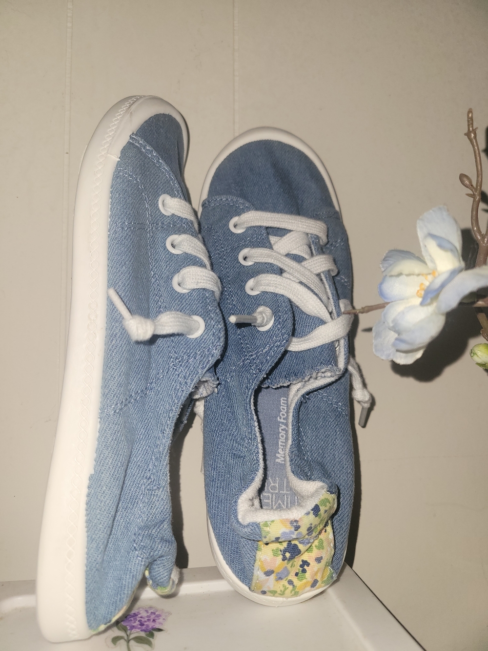 Time and Tru Denim Blue Canvas Sneakers with Floral Heel Accent